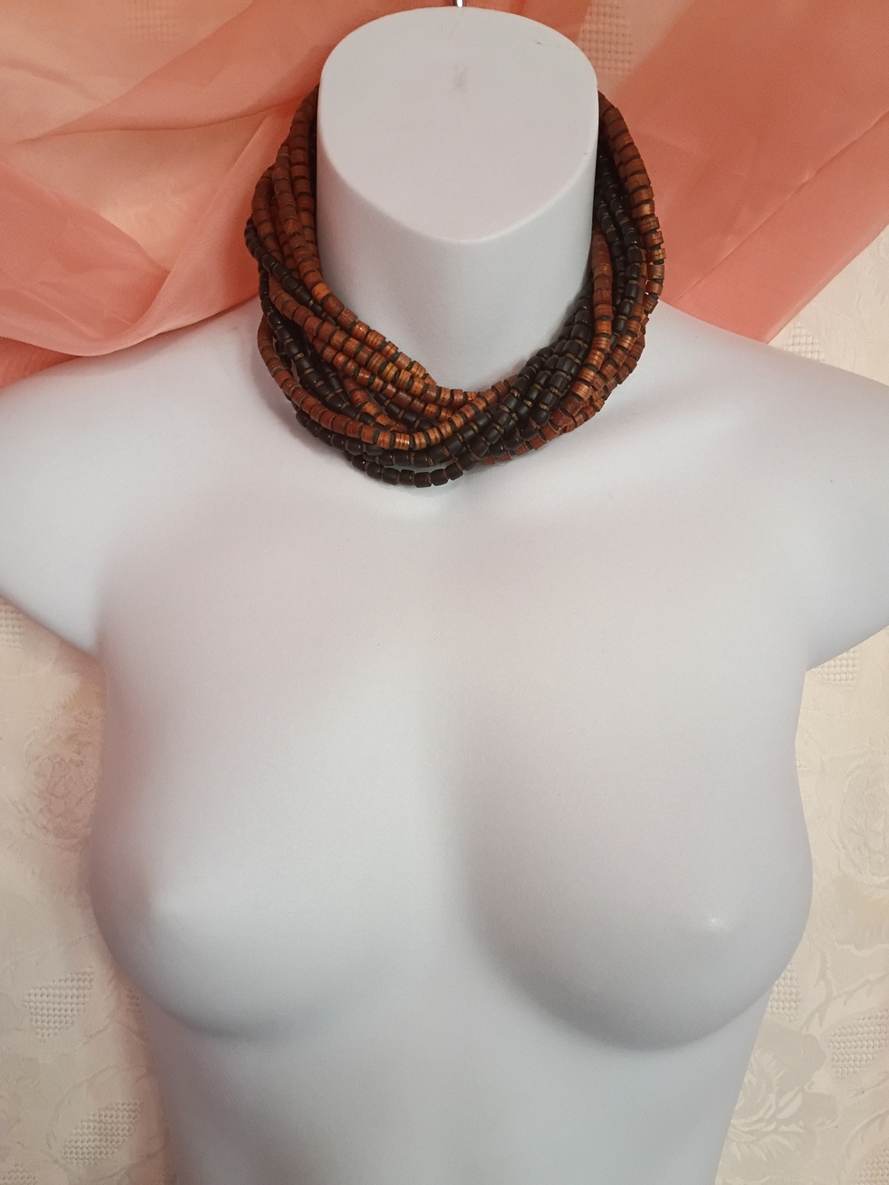Multi-Strand Wood Bead Necklace in Brown